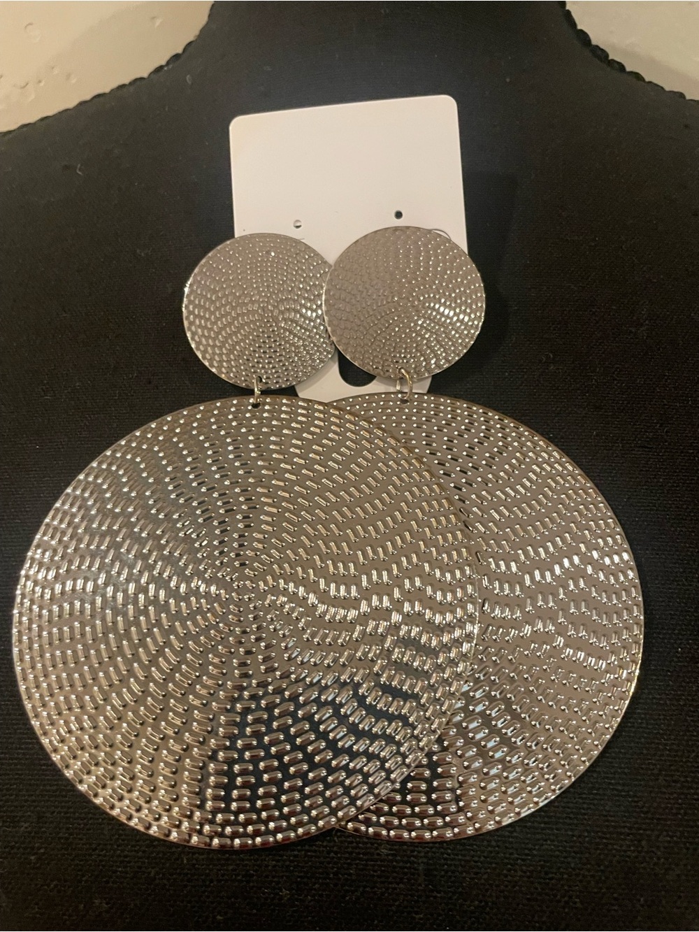 Textured Silver Double Disc Drop Earrings